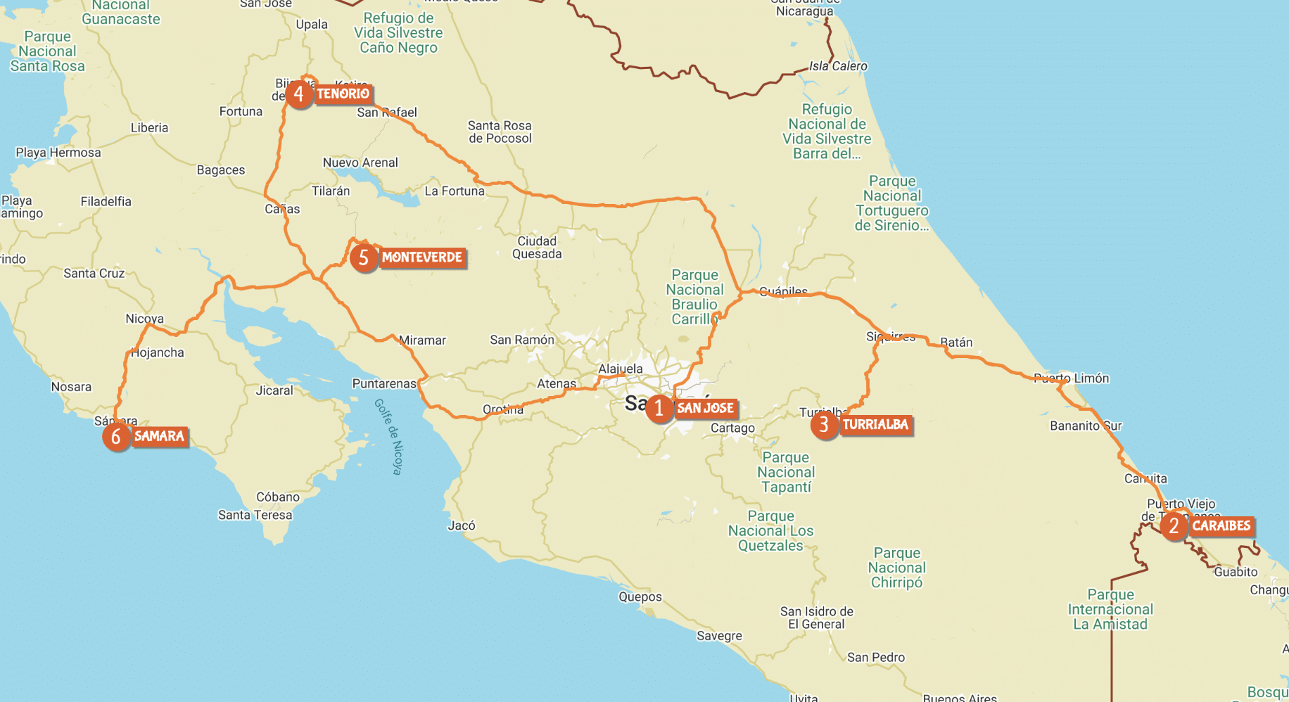 Carte circuit Pégase by Costa Rica Découverte