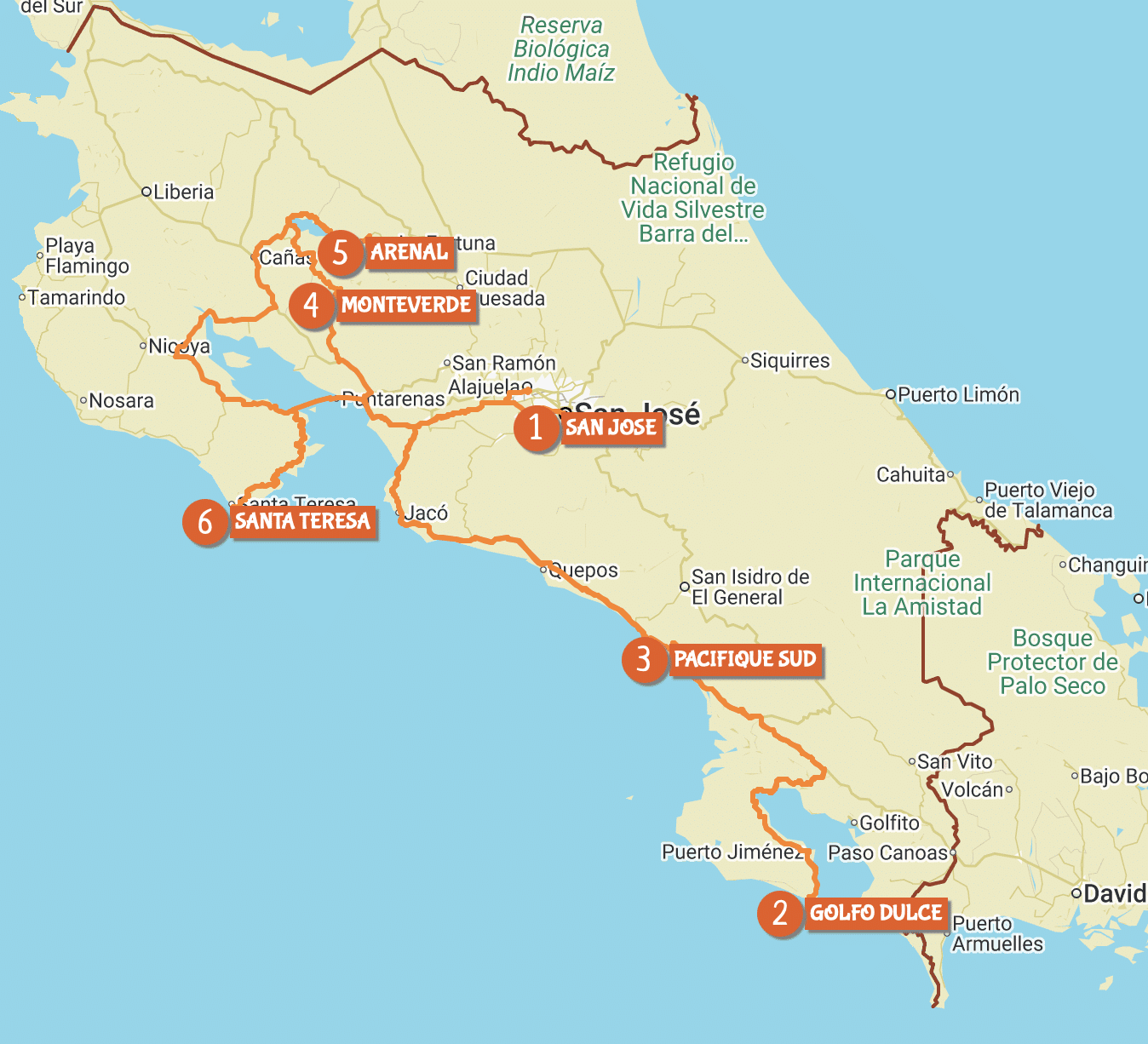 Carte du circuit Tapir au Costa Rica