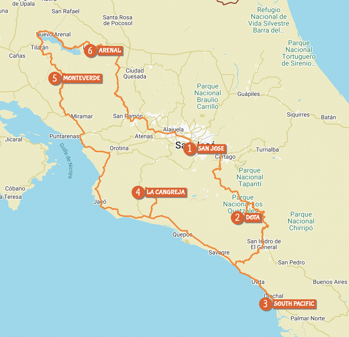 Map of circuit charm and nature by Costa Rica Decouverte
