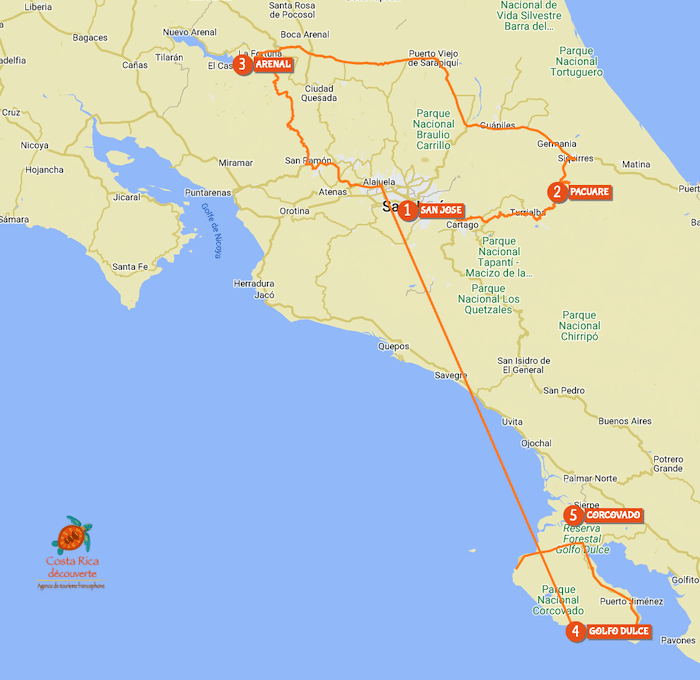Map of circuit adventure in Costa Rica