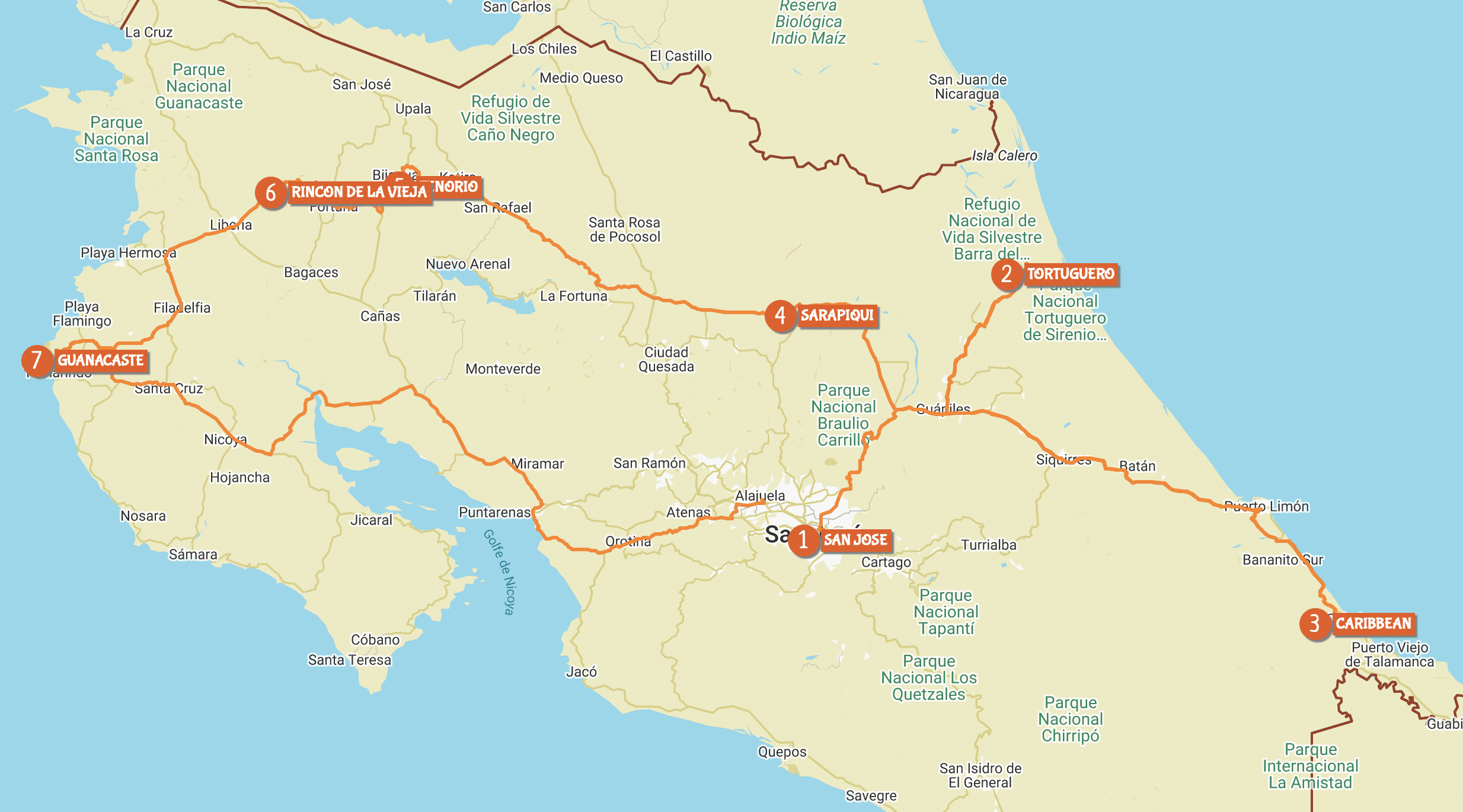 Map of circuit horseback by Costa Rica Decouverte