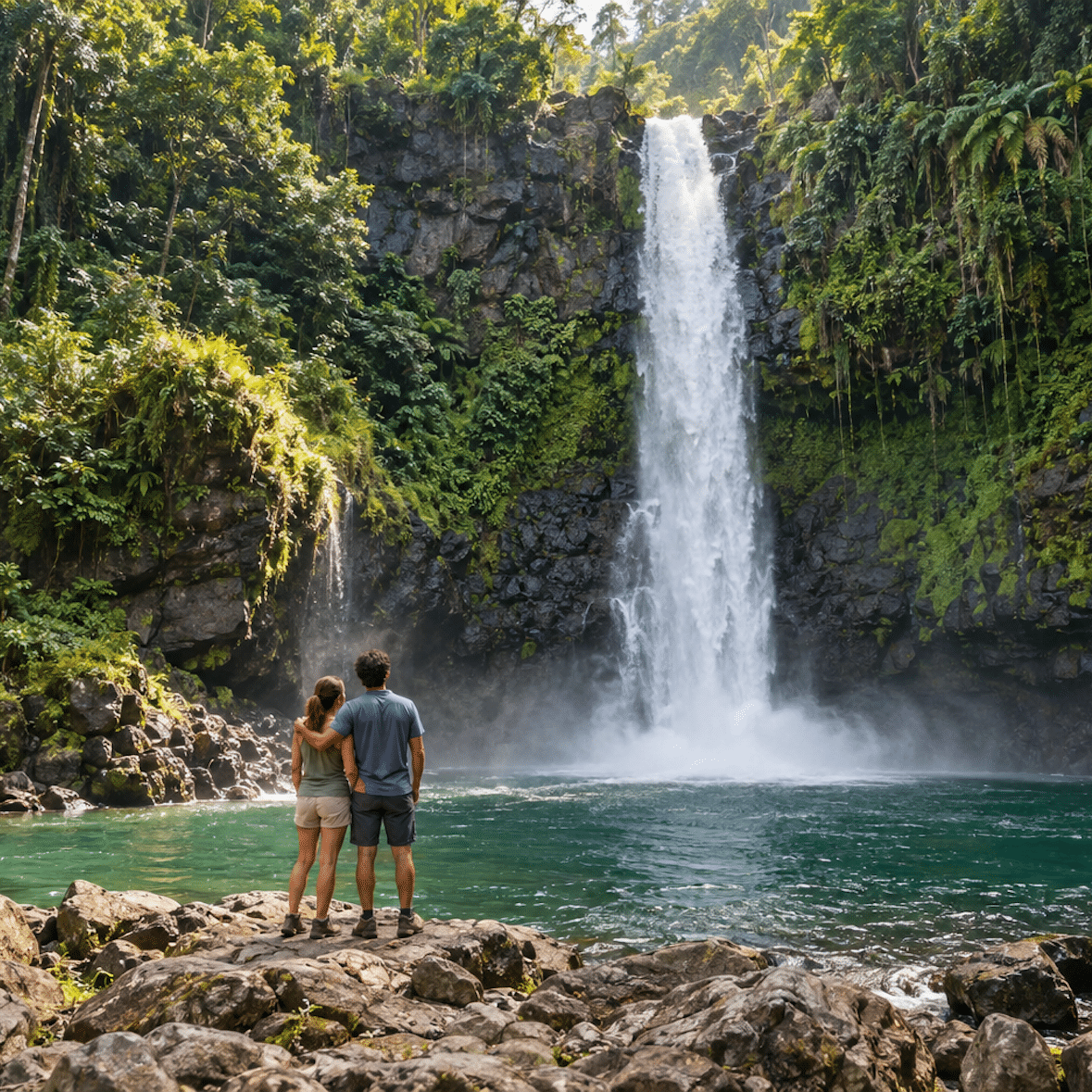 Couple en lune de miel observe cascade dans la jungle du Costa Rica