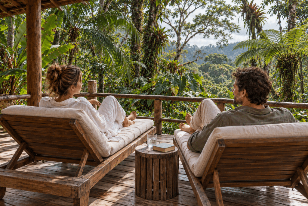 Couple en lune de miel sur une terrasse contemplant la jungle tropciale